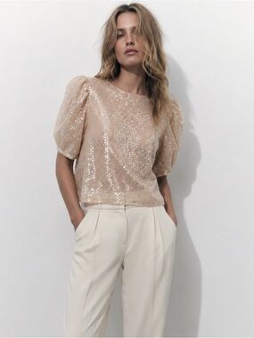 Zara Sequin Mesh Top Women’s Large L Champagne Nude Puff Sleeve Party Evening